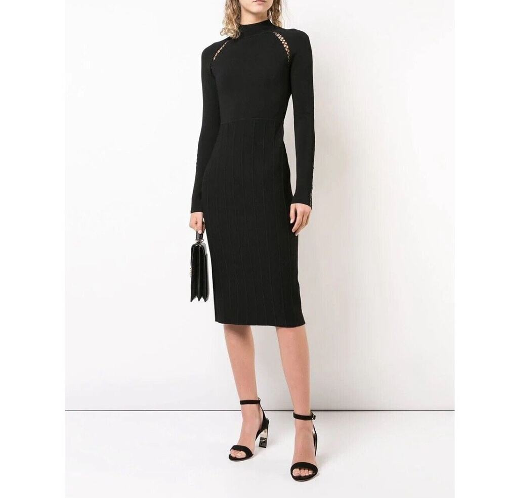 Lela Rose Black Viscose Ponte Lattice Trim Mock Neck Cocktail Dress XS